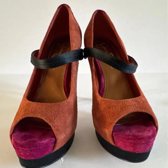 Women’s Suede Peep Toe Heels Size 8.5 M Orange Black Pink Color block Formal - Picture 14 of 14